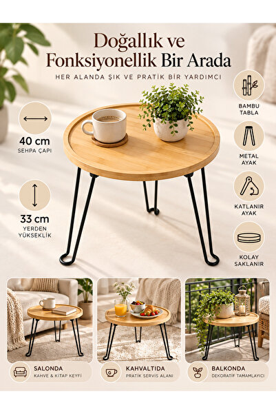 Noya Store Katlanır Bambu Yan Sehpa 40 Cm Yuvarlak Metal Ayaklı Dekoratif Çok...
