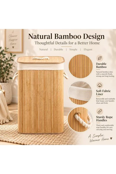 Generic Brand Bamboo Laundry Hamper with Lid (40 x 30 x 60 cm) – Dual-Compartment, Large-Capacity Basket with Rope Handles; Foldable Storage Bin Suitable for Bathroom, Bedroom, and Laundry Room – Home Organization