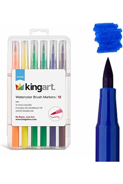 Generic مجموعة أقلام تلوين مائية KINGART – 12 لونًا زاهيًا – رؤوس نايلون مرنة...