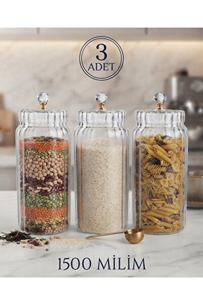 Funny Life Luxury Glass Jar Set of 3 1500 ml |   Crystal Gold Detailed Covere...