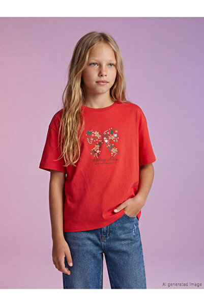 LC Waikiki Two Mt Shop Quality Lcw Kids Red Oval Collar Printed Girls' T-Shirt