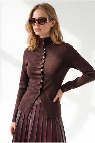 Olalook Women's Brown Pleated Detailed Buttoned Knitwear Sweater Kzk-19001172