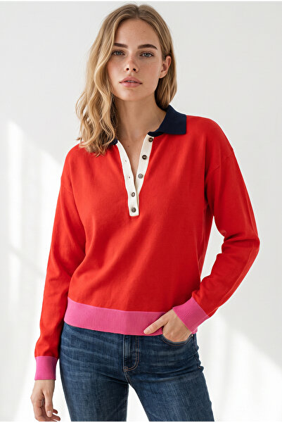 Olalook Women's Red Polo Collar Color Detailed Soft Textured Sweater Kzk-1900...