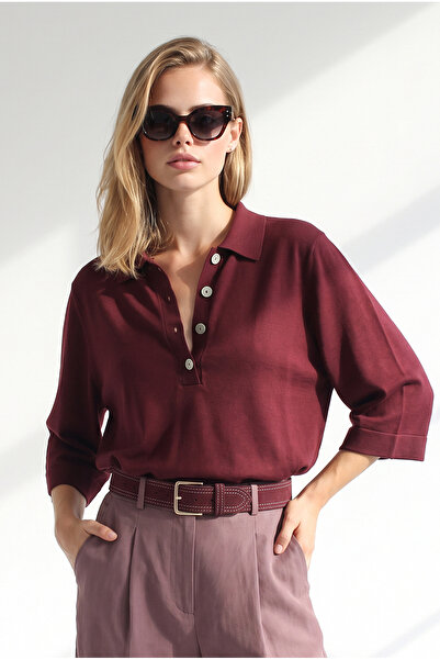 Olalook Women's Burgundy Polo Collar Wide Sleeve Soft Textured Knitwear Blous...