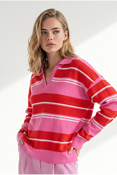 Olalook Women's Pink Polo Collar Soft Textured Knitwear Sweater Kzk-19001170