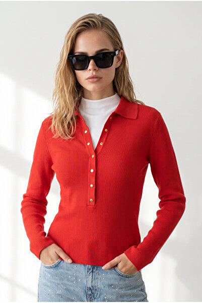 Olalook Women's Red Polo Collar Sweater with Snap Detail and Soft Texture Kzk...