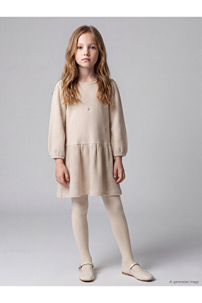 LC Waikiki Lcw Kids Beige Embroidered Girls' Dress with Nevavm Difference