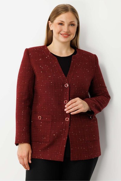 Moda İlgi Modailgi V Yaka Pullu Tüvit Kumaş Ceket Bordo