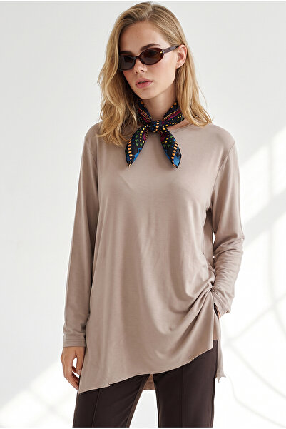 Olalook Women's Stone Slit Draped Long Knitted Viscose Blouse Blz-19003089