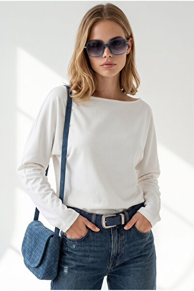 Olalook Kadın Ekru Kayık Yaka Modal Tuşeli Sweatshirt SWT-19000800