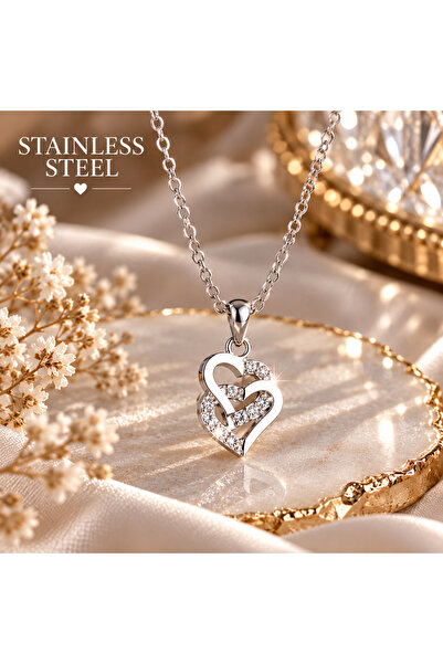 stainless steell Silver Color Minimal Heart Design Zircon Stone Steel Necklace
