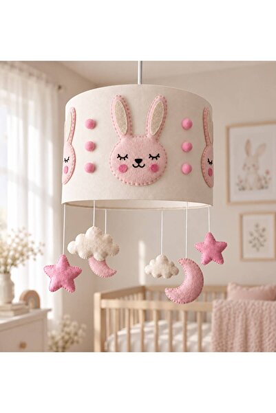 Leobabyroom Açık Pembe Tavşanlı Bebek Odası Avizesi Krem Kumaş Ay Yıldız Bulu...