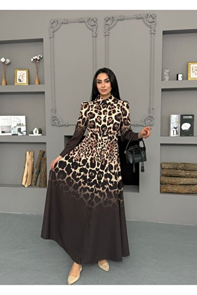 suphias Women's Leopard Print Long Dress with Belt