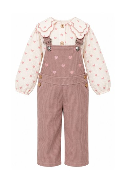 FESSHERA Girl's Heart Patterned Velvet Salopet Jumpsuit and Shirt Set – Casual Children's Jumpsuit with Suspender Pockets