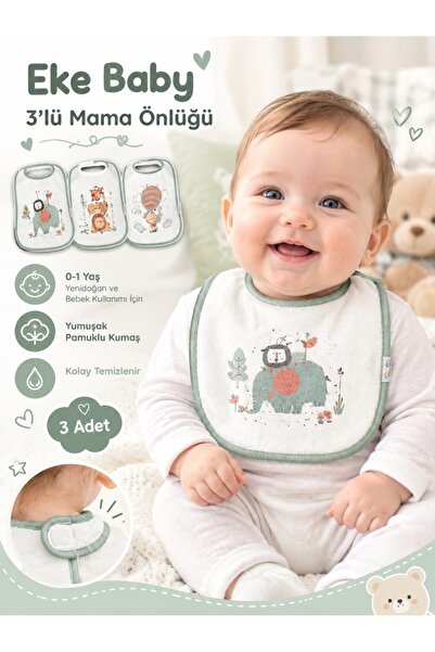 Yeşil 3 Adet Desenli Kolsuz Pamuklu Yıkanabilir Bebek Mama ve Salya Önlüğü (0-1 Yaş Yeni Doğan)