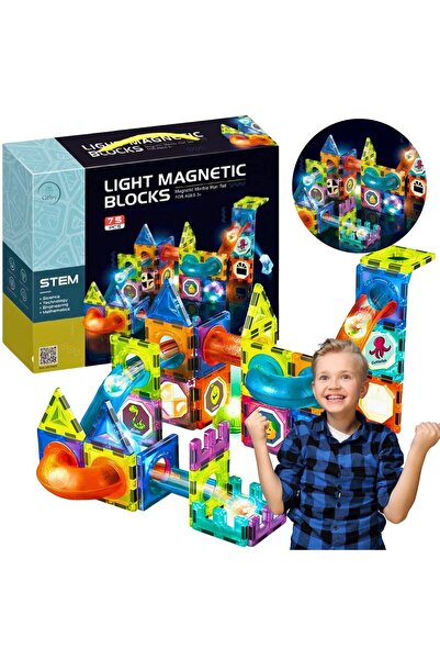 Giftry Set Constructie Magnetic Giftry® 75 Piese – Pista cu Bile Luminoase, B...