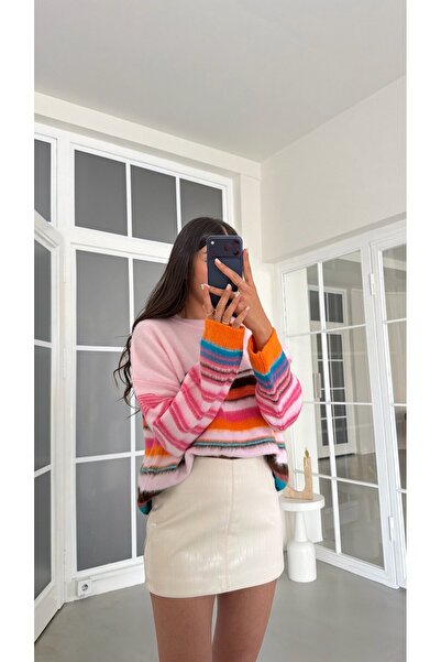 GAUS CO Pembe Bisiklet Yaka Çizgili Kazak GAUS-02182
