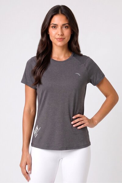 Anta Women Regular Fit Short Sleeve Running T-Shirt, Dark Grey