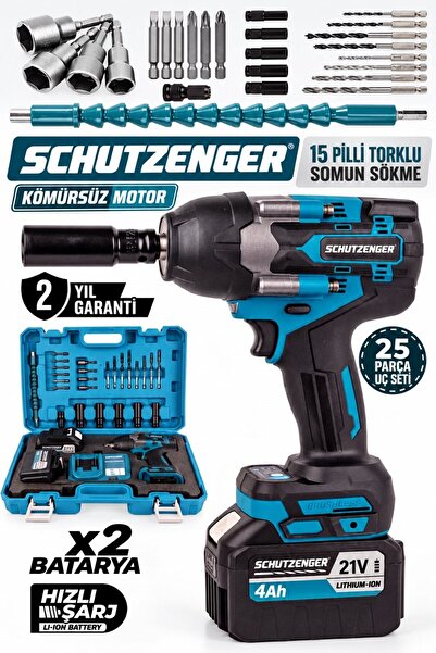 15 PİLLİ TORKLU SOMUN SÖKME MAKİNESİ 25 PARÇA SETLİ KÖMÜRSÜZ MOTOR 4 Ah PROFESYONEL MAVİ 6090