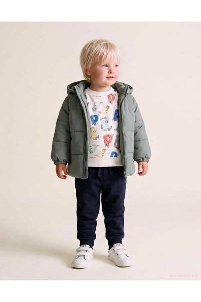 Ziddy Puffer Jacket With Detachable Hood For Baby Boys, Dark Green