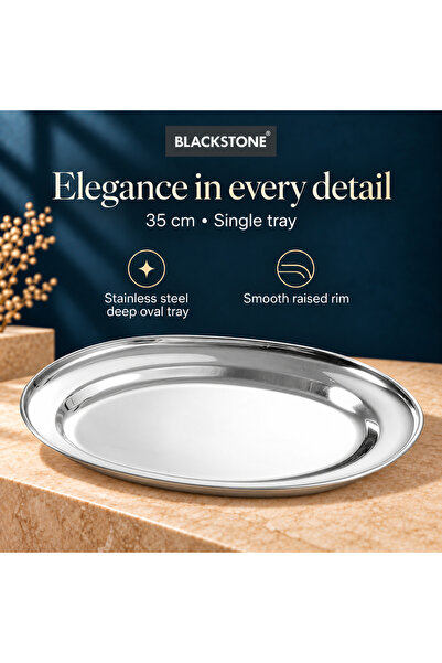 Blackstone Stainless Steel Deep Oval Serving Tray 35cm, Stackable Food Serving Platter, Dishwasher Safe, Silver, 1 Piece