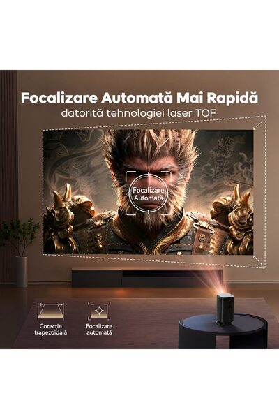 BYINTEK Proiector inteligent portabil UFO P70X, DLP, rezoluție nativă 960x540, suport 4K, 130 ANSI, Android 9, 2GB RAM + 32GB, Wi-Fi dual-band, Bluetooth 5.0, autofocus laser TOF, corecție 6D, 3D, baterie de 10000 mAh