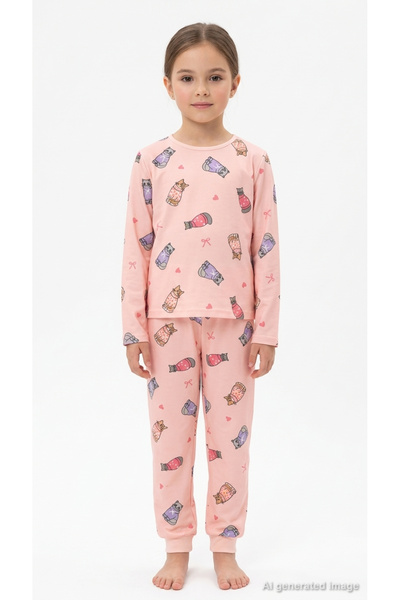 LC Waikiki Girl's Pink Cat Patterned Long Sleeve Pajama Set Crew Neck Elastic...