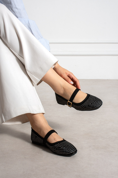pasyone Black Women's Stylish Daily Ballerina Shoes with Stone Ankle Strap