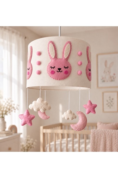 Leobabyroom Şeker Pembe Tavşanlı Bebek Odası Avizesi Krem Kumaş Ay Yıldız Bul...