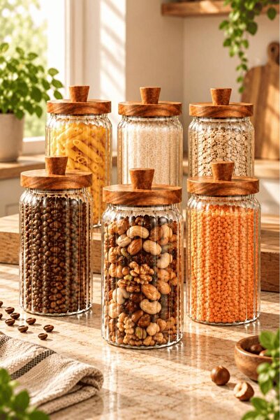 Atbyhome 6'lı Akasya Ahşap Kapaklı Çizgili Cam Kavanoz Seti 950 ml - Vakumlu ...