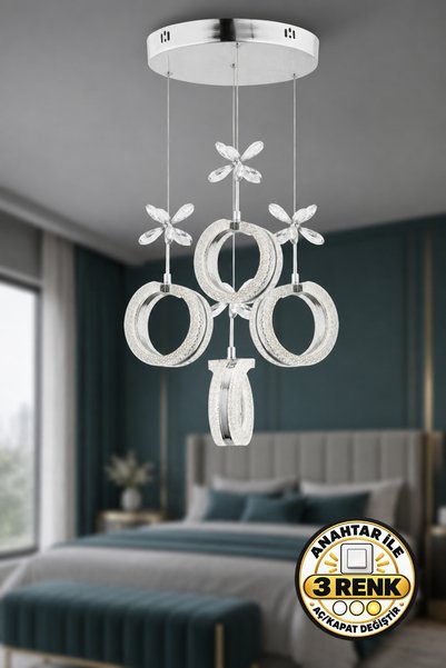 Dekorluna Modern 4'Lü Halka 3 Renk Işık Özellikli Krom Kaplama Sarkıt Led Avi...