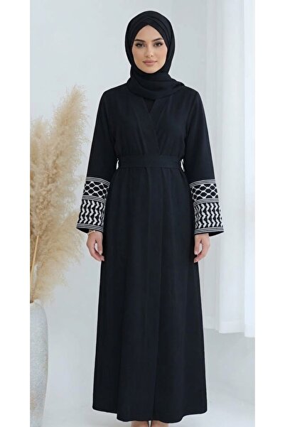 sayina Women's Palestinian Kefiye Patterned Black Tie-Up Abaya