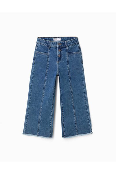 Ziddy Wide Leg Jeans With Frayed Hems For Girls, Blue