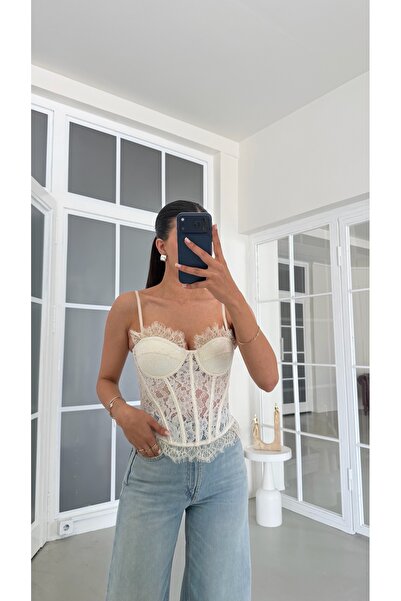 GAUS CO Krem Dantelli Çıkarılabilir Askılı Sırtı Lastikli Korse GAUS-01923
