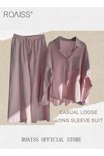 ROAISS Ladies 2 Piece Set, New Trend Fashion Classic Solid Color Cotton Linen Shirt Suit for Women, Breatha