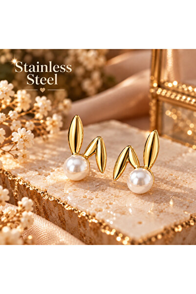 stainless steell Gold Color Rabbit Ear Design Steel Earrings with Pearls and ...