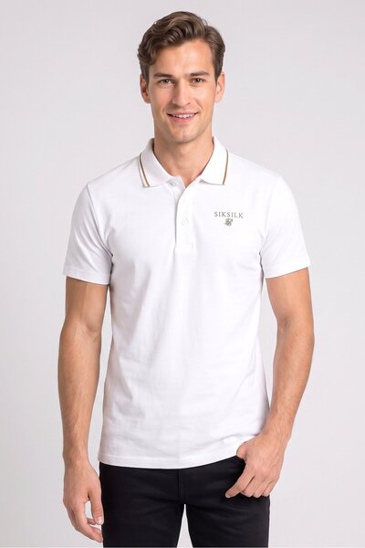 Siksilk Men Regular Fit Short Sleeve Brand Logo Polo Shirt, White