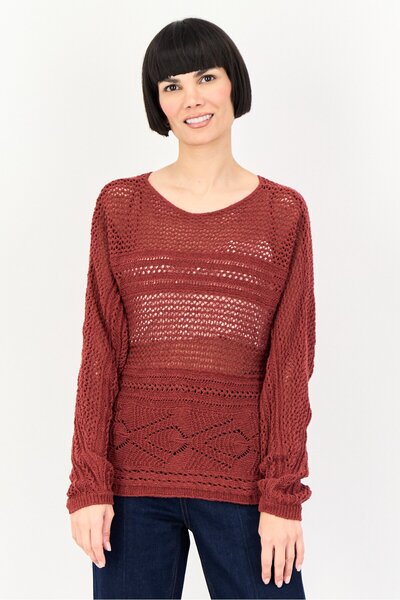 PROMOD Women Boat Neck Eyelet Sweater, Maroon