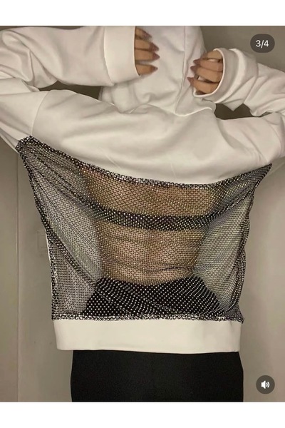 Elbisem White Crystal Vision / Crystal File Detail Oversize Hoodie Sweatshirt