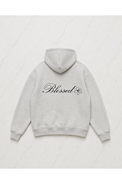 Gofeel Gray Blessed Detailed Oversize Unisex Sweatshirt