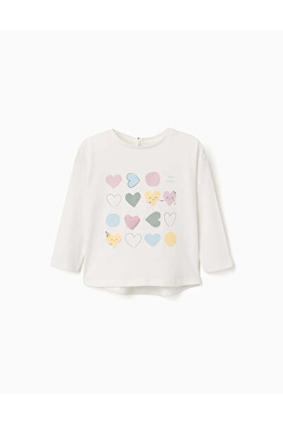 Ziddy Long Sleeve Cotton T Shirt With Printed Hearts For Baby Girls, White