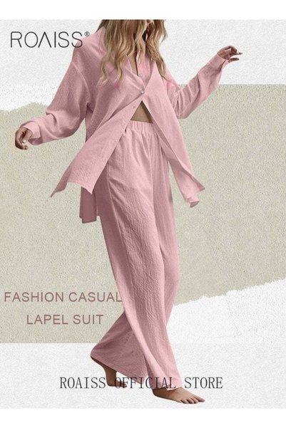 ROAISS Ladies 2 Piece Set, New Trend Fashion Classic Solid Color Cotton Linen Shirt Suit for Women, Breatha