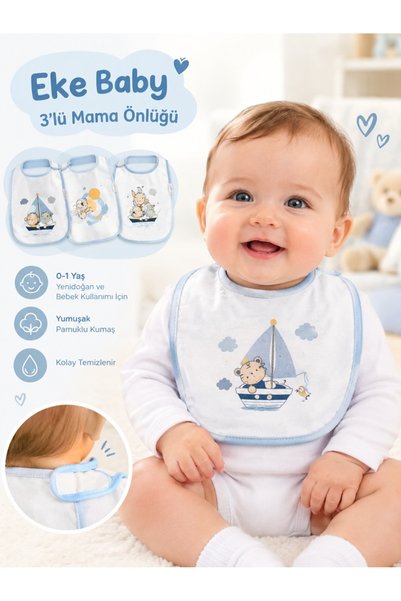 Mavi 3 Adet Desenli Kolsuz Pamuklu Yıkanabilir Bebek Mama ve Salya Önlüğü (0-1 Yaş Yeni Doğan)