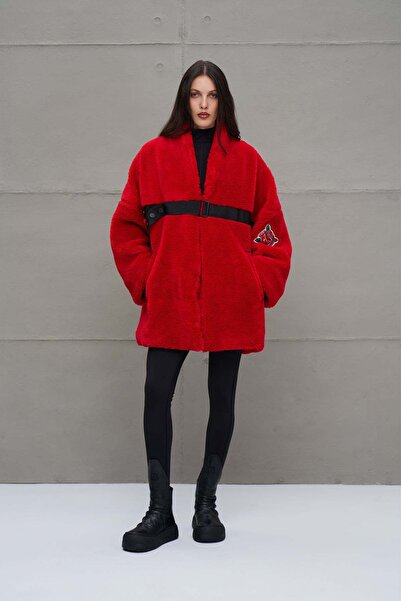 #vdr viadellerose Red Fur Look Belted Oversize Jacket 18238