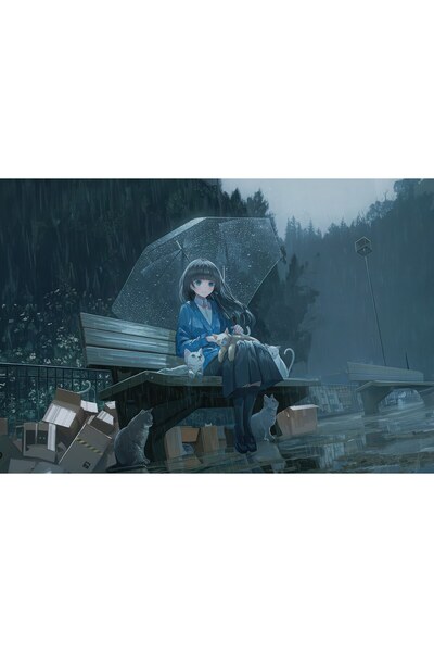 OEM Poster: Fată anime cu umbrelă, căutând adăpostul de la ploaie, 61x90 cm, ...