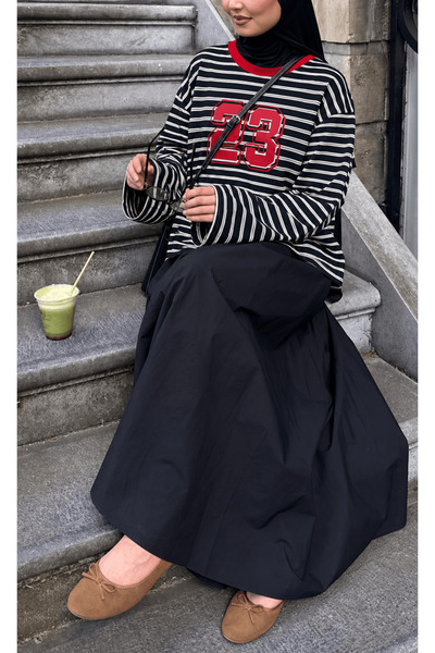 Hepsi Moda Sayı Baskılı Çizgili Sweat - 0246 - Siyah & Beyaz ( ÖS )