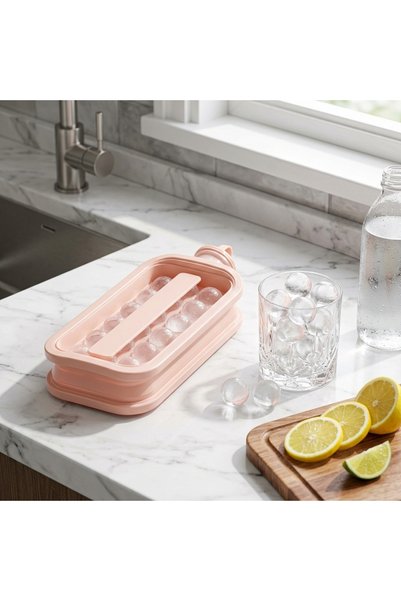 Generic Brand Portable Ice Cube Maker Tray with Lid & Handle, Reusable Ice Cube Mold for Freezer, Kitchen, Water, Juice & Cold Drinks - Pink Colour