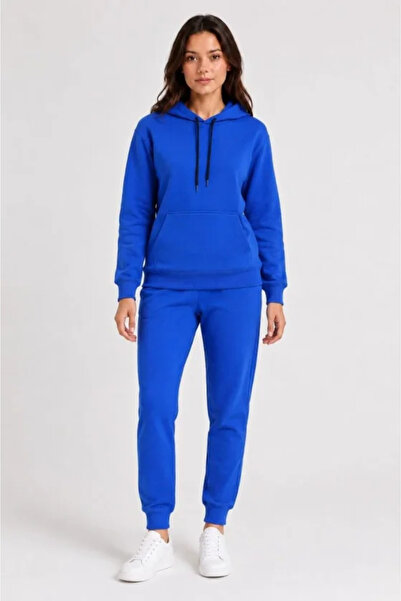 Modazun Two-Thread Hooded Jogger Tracksuit Set with Kangaroo Pocket - Saks Blue