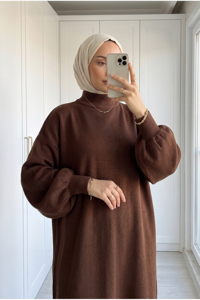 Kirazca Butik فستان نسائي طويل فضفاض بأكمام منتفخة وياقة نصفية 130 سم