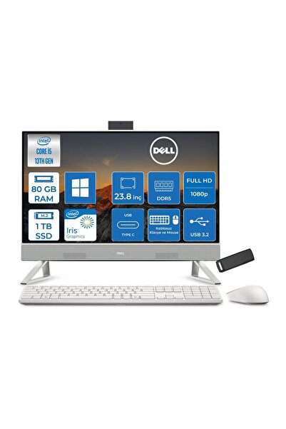Dell 24 All-In-One Intel Core I5 1334U 4.6ghz 80GB Ddr5 1tb SSD Windows 11 Pro Iris Xe Graphics 23.8 Inç Fullhd (1920X1080) Wva All In One Bilgisayar NTEC24250P33 + Zetta Flash Bellek